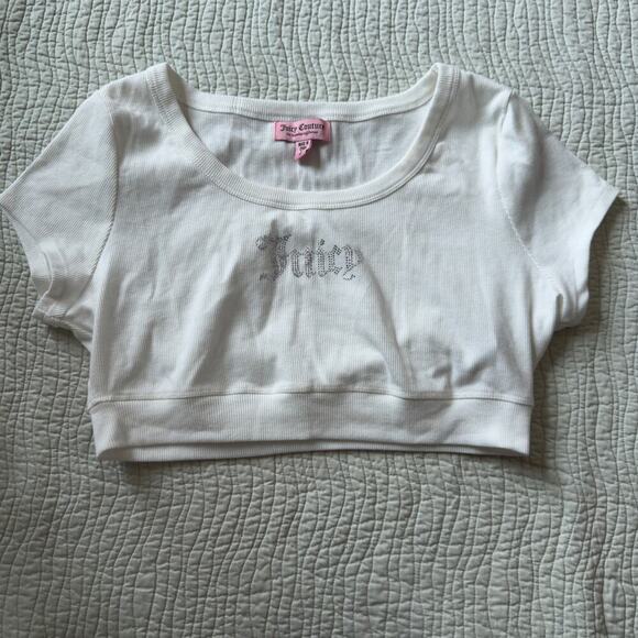 Juicy Couture Cropped Top in White Bedazzled Rhinestone Short Sleeve Tee Size L - Picture 2 of 7